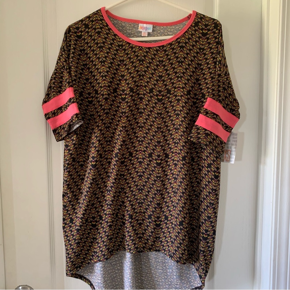 New LulaRoe Irma black pink olive yellow geometric design